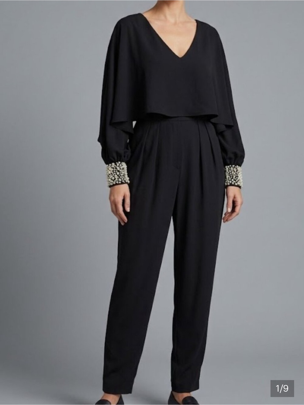 Belle Badgley Mischka Black V-Neck Cape Long Sleeve Pearls Rhinestones Cuffs 10
